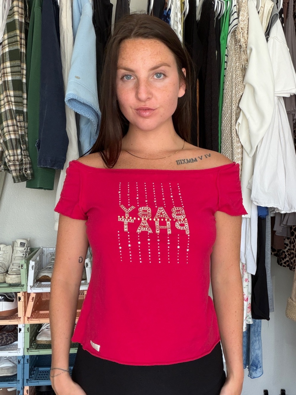 Baby Phat Red Rhinestone Logo Off Shoulder Top Y2K